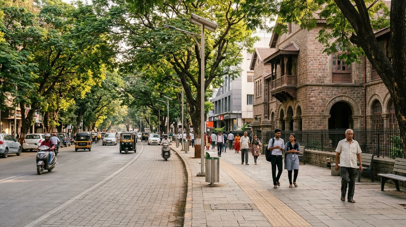 Documentary photograph of Pune streetscape along Fergusson College Road, showing historic Deccan stone wada architecture, tree-lined avenue, and clean pedestrian walkways.