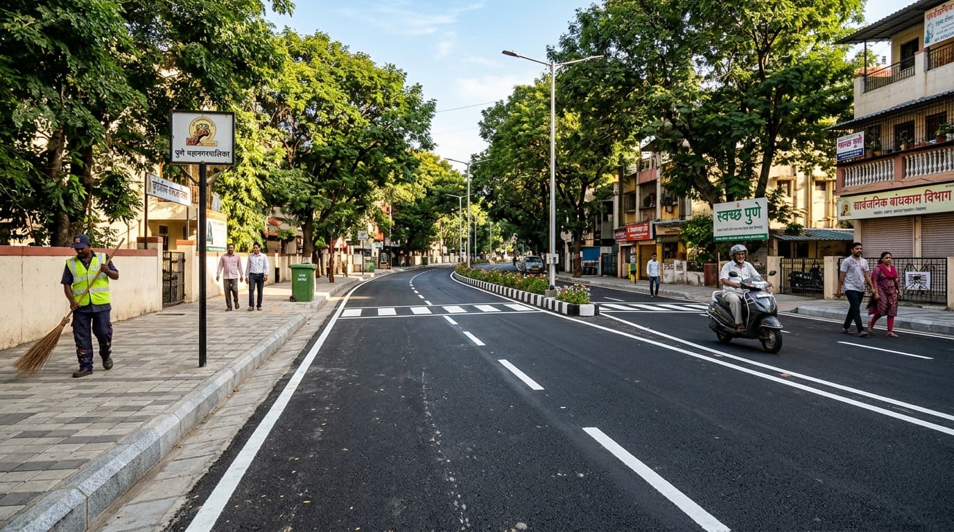 Documentary photograph of completed asphalt road surfacing and pedestrian sidewalk repair in Pune, Maharashtra, showing clean streetscape, municipal workers, and Marathi civic signage.